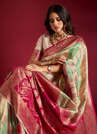 Cream and Sea Green Silk Patch Border and Plain Work Trendy Saree
