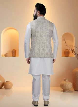 Cream and White Fancy Work Silk Kurta Payjama with Jacket