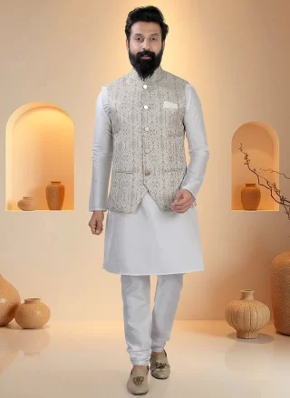 Cream and White Fancy Work Silk Kurta Payjama with Jacket