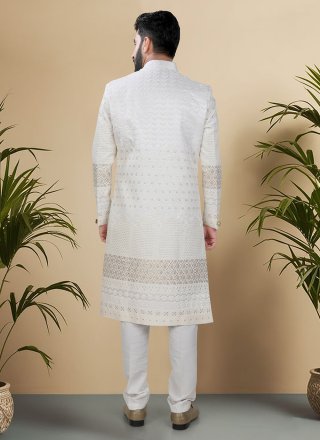 Cream and White Silk Sherwani Mens Wear
