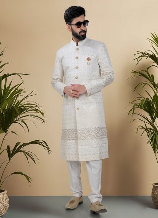 Cream and White Silk Sherwani Mens Wear