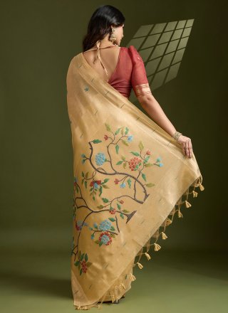 Cream and Yellow Cotton Floral Patch, Thread, Woven and Zari Work Classic Sari for Ceremonial