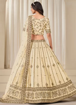 Cream Art Silk A - Line Lehenga Choli with Embroidered, Sequins and Zari Work