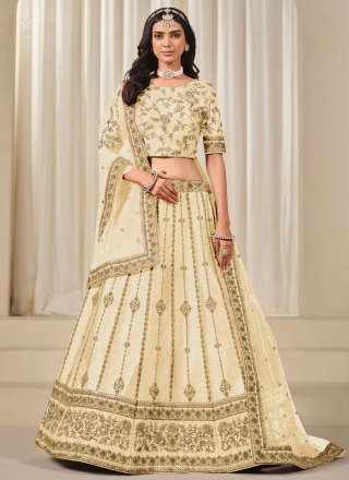 Cream Art Silk A - Line Lehenga Choli with Embroidered, Sequins and Zari Work