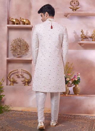 Cream Art Silk Hand Work Sherwani Mens Wear for Ceremonial