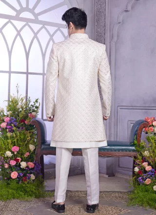 Cream Art Silk Machine Embroidery Work Indo Western