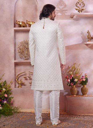 Cream Art Silk Sherwani Mens Wear