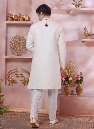 Cream Art Silk Sherwani Mens Wear with Hand Work for Men