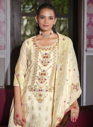 Cream Banarasi Silk Salwar Suit