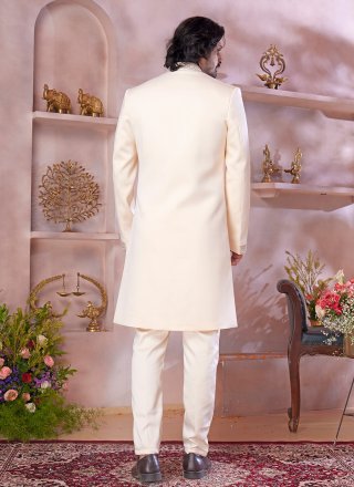 Cream Banarasi Silk Sherwani Mens Wear with Buttons Work for Men