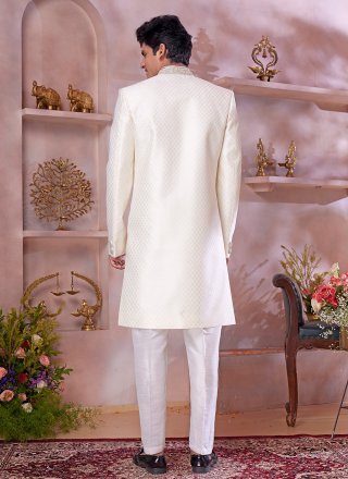 Cream Banarasi Silk Sherwani Mens Wear with Buttons Work for Men