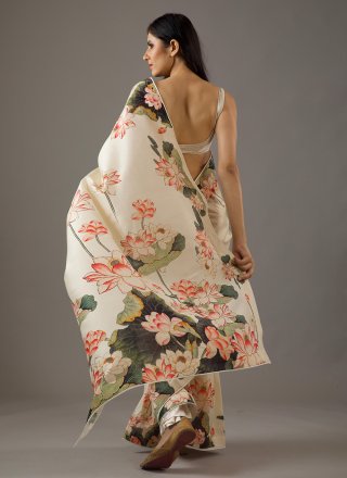 Cream Chiffon Contemporary Sari with Digital Print Work