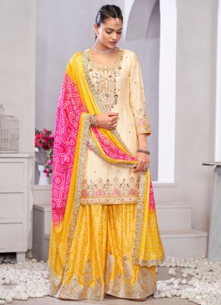 Cream Chinon Embroidered, Mirror, Sequins and Zari Work Readymade Salwar Suit for Mehndi