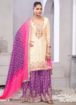 Cream Chinon Embroidered, Mirror, Sequins and Zari Work Salwar Suit
