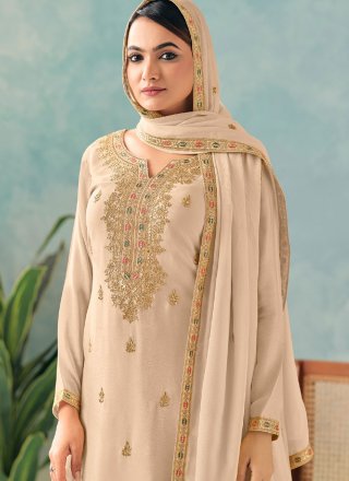 Cream Chinon Readymade Lehenga Choli with Embroidered and Zari Work