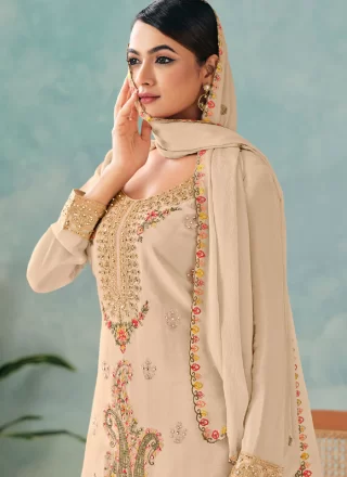 Cream Chinon Salwar Suit with Embroidered, Stone and Zari Work for Ceremonial