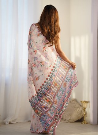 Cream Chinon Trendy Saree with Digital Print and Mirror Work for Casual