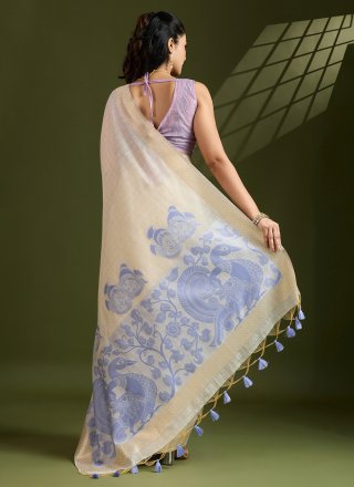 Cream Cotton Classic Sari with Patch Border and Weaving Work