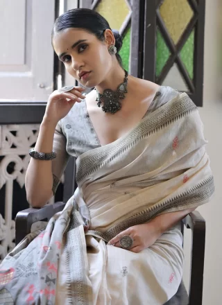 Cream Cotton Contemporary Saree with Weaving Work