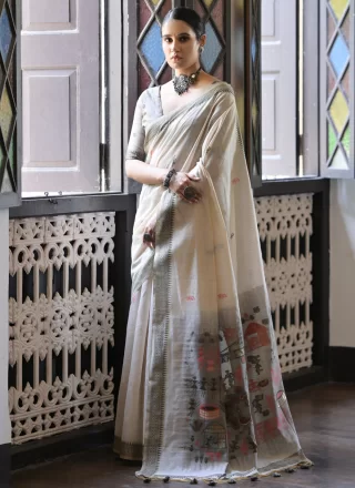 Cream Cotton Contemporary Saree with Weaving Work