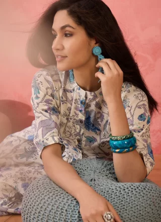 Cream Cotton Designer Kurti with Floral Patch Work for Casual