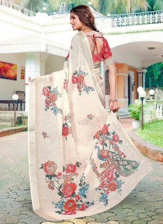 Cream Cotton Digital Print Work Casual Sari