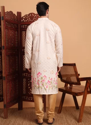 Cream Cotton Embroidered and Print Work Kurta Pyjama