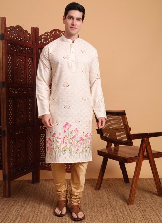 Cream Cotton Embroidered and Print Work Kurta Pyjama