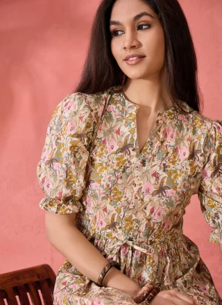 Cream Cotton Floral Patch Work Casual Kurti