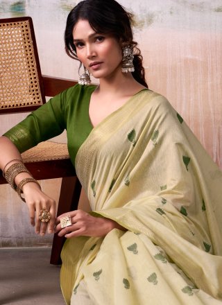 Cream Cotton Jacquard Work Classic Sari for Casual