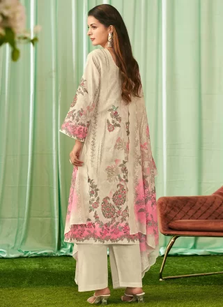 Cream Cotton Lawn Digital Print, Embroidered and Resham Thread Work Salwar Suit
