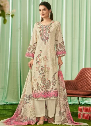 Cream Cotton Lawn Digital Print, Embroidered and Resham Thread Work Salwar Suit