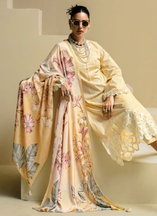 Cream Cotton Lawn Salwar Suit with Embroidered, Fancy, Resham and Strips Print Work