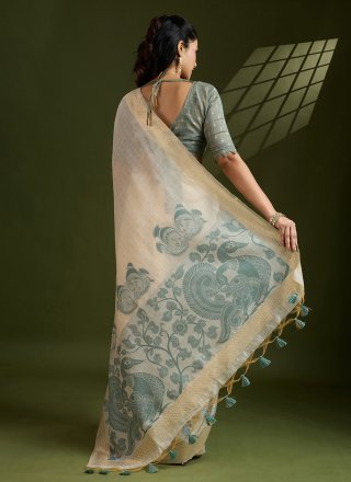 Cream Cotton Patch Border and Weaving Work Classic Sari