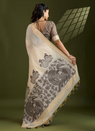 Cream Cotton Patch Border and Weaving Work Trendy Saree for Casual