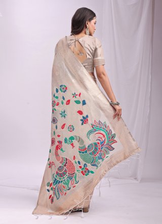 Cream Cotton Print Work Classic Saree