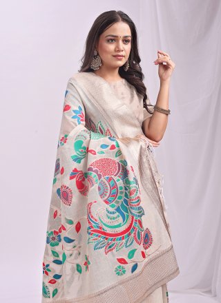 Cream Cotton Print Work Classic Saree