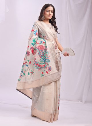 Cream Cotton Print Work Classic Saree