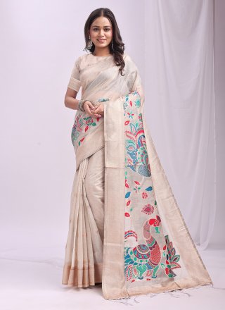 Cream Cotton Print Work Classic Saree
