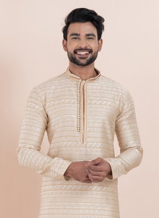 Cream Cotton Silk Jacquard Work Kurta Pyjama for Ceremonial