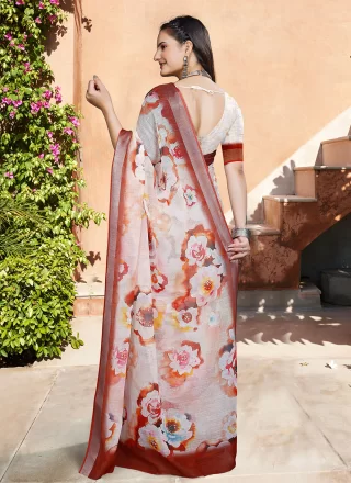 Cream Cotton Trendy Saree with Patch Border, Digital Print and Woven Work