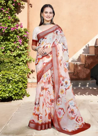 Cream Cotton Trendy Saree with Patch Border, Digital Print and Woven Work