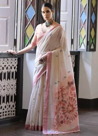 Cream Cotton Weaving Work Classic Sari