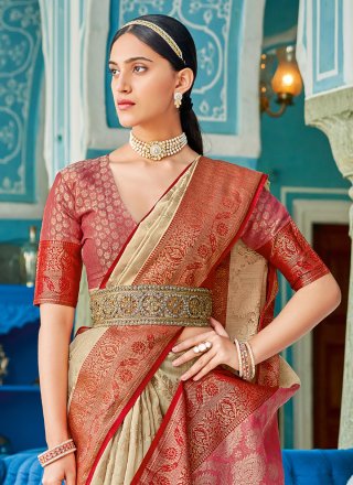 Cream Cotton Weaving Work Classic Sari for Casual