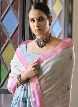 Cream Cotton Weaving Work Contemporary Sari