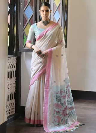 Cream Cotton Weaving Work Contemporary Sari