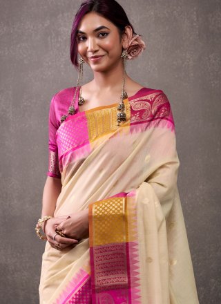 Cream Cotton Weaving Work Contemporary Sari for Ceremonial