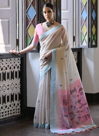 Cream Cotton Weaving Work Trendy Saree