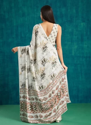 Cream Crepe Silk Classic Saree with Digital Print Work