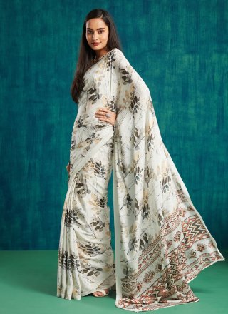 Cream Crepe Silk Classic Saree with Digital Print Work